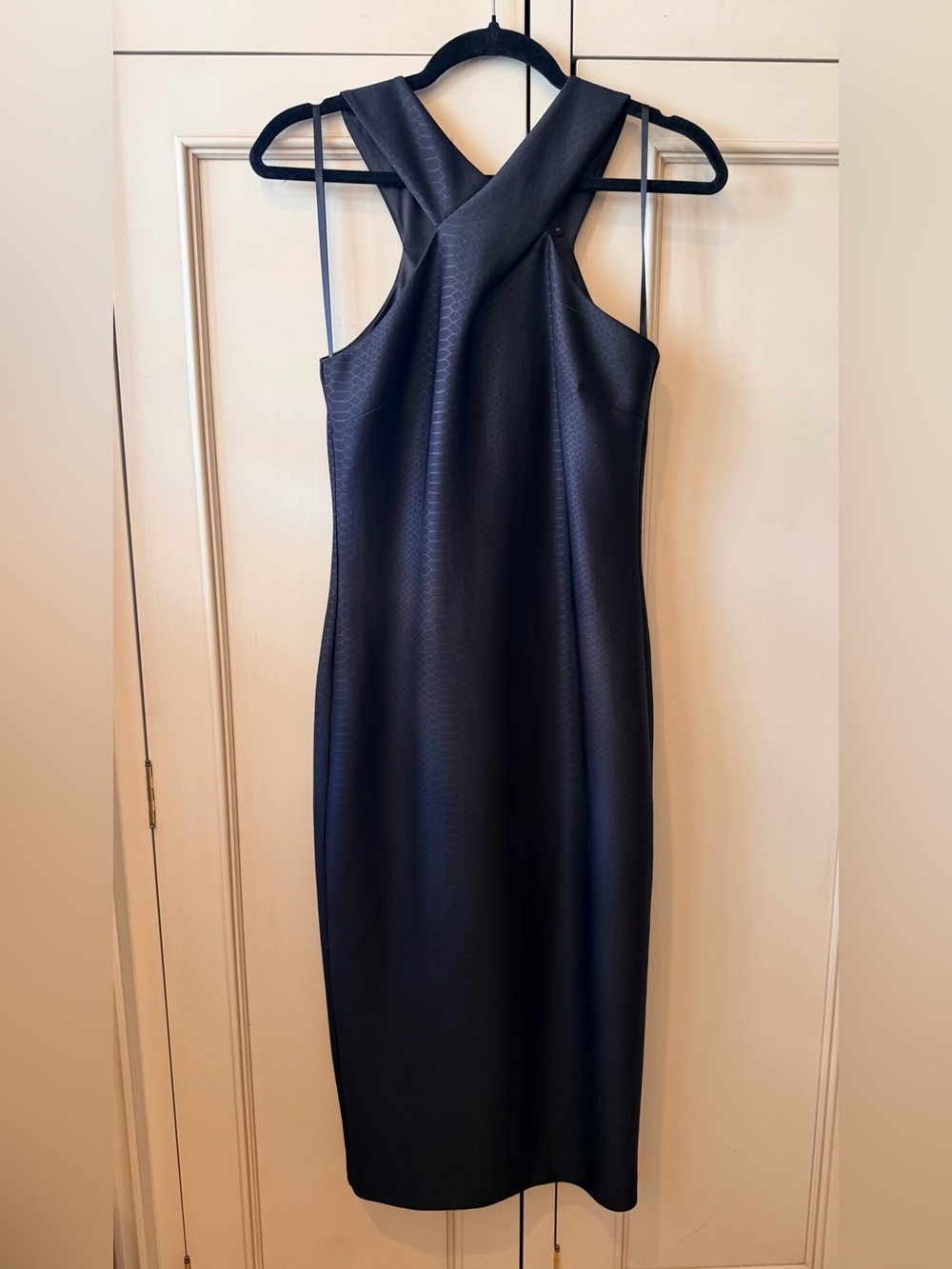 Ted Baker Black Reptile Cross Over Halter. Zipper down the entire back of dress.